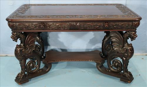 Mahogany partners desk with carved wing griffins: Mahogany partners desk with carved full body wing griffins by R. J. Horner, 32 in. T, 56 in. W, 36.5 in. D.