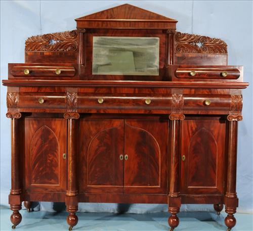 Mahogany Federal sideboard with acanthus: Mahogany Federal sideboard with acanthus carving in beautiful condition, column front and gothic doors, attrib. to Anthony Quervelle, 74.5 in. T, 74.5 in. W, 24 in. D.