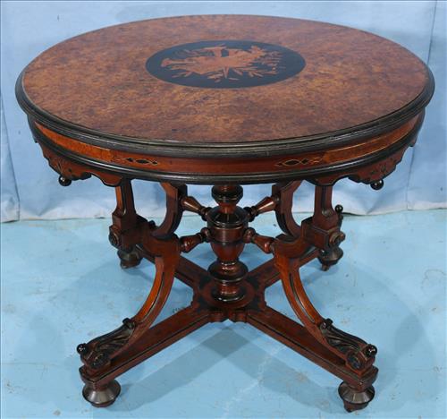 Round center parlor table with inlay: Round parlor center table with inlay by Herter Brothers, 30 in. T, 36 in. Dia.