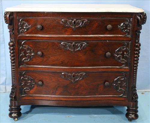 Rosewood rococo marble top wash stand: Rosewood rococo marble top wash stand, matches dresser # 72 and bed # 67, attrib. to Mitchell and Rammelsberg, 32 in . T, 36 in. W, 74 in. D.