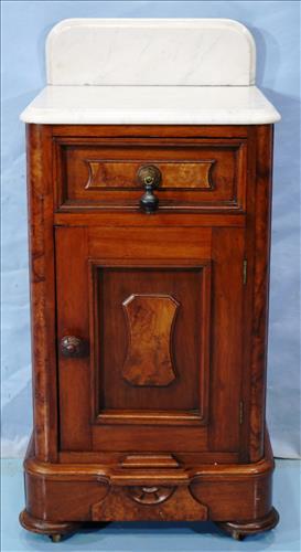 Walnut Victorian marble top half commode: Walnut Victorian marble top half commode attrib. to Thomas Brooks, 36 in. T, 17 in. W, 15.5 in. D.