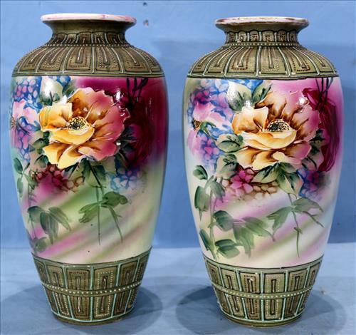 Pair of hand painted Nippon vases, 12 in. T.: Pair of hand painted Nippon vases with painted yellow roses and green accents, 12 in. T., signed