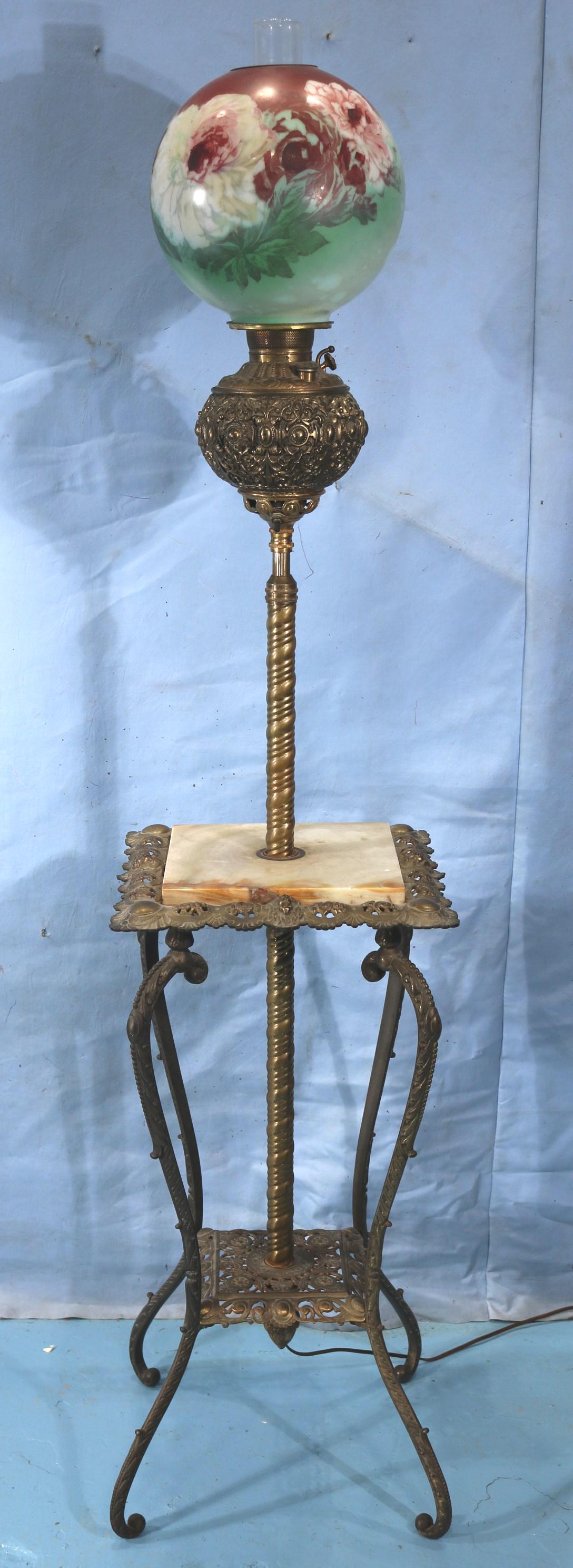 Brass and onyx Rayo piano lamp, ca. 1890: Brass and onyx Rayo piano lamp converted into electric with hand painted shade, ca. 1890, 66 in. T.