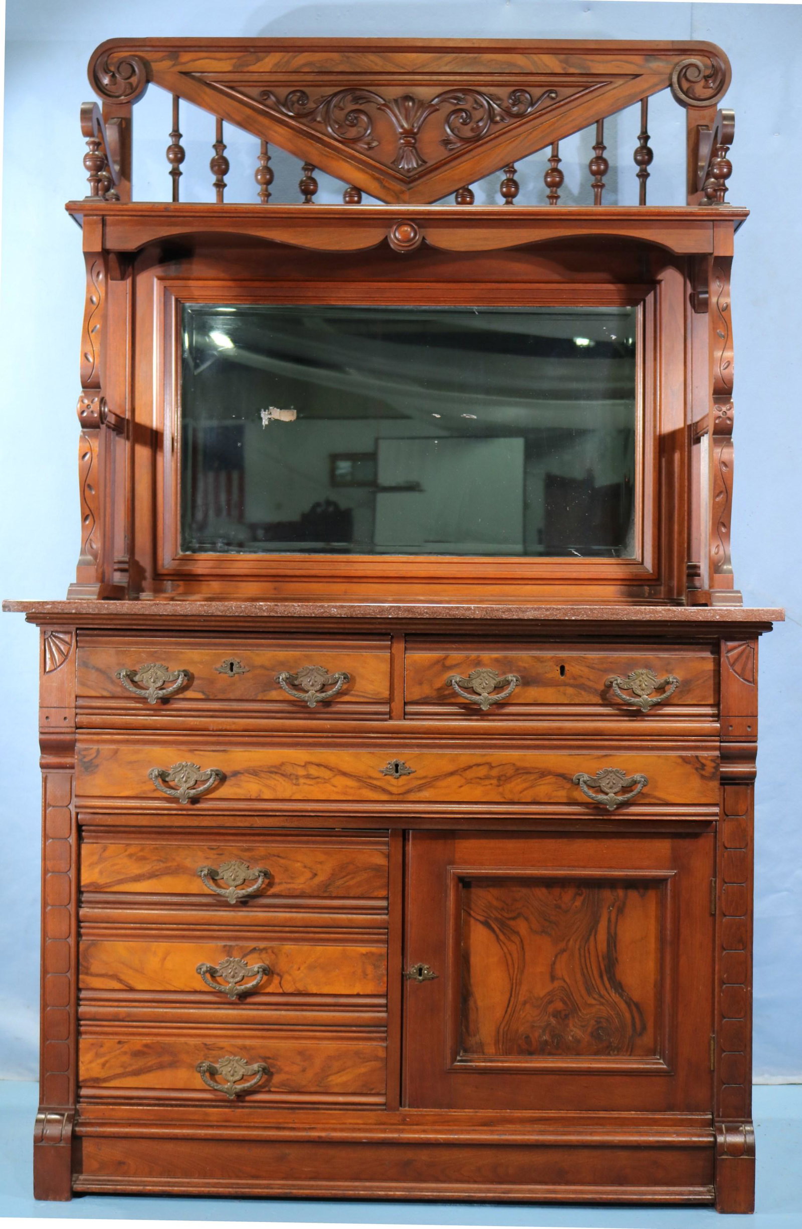 Walnut Victorian server sideboard with marble: Walnut Victorian server sideboard with brown marble and ball and stick trim, in good condition with original pulls, ca. 1880, 75 in. T, 45 in. W, 20 in. D.