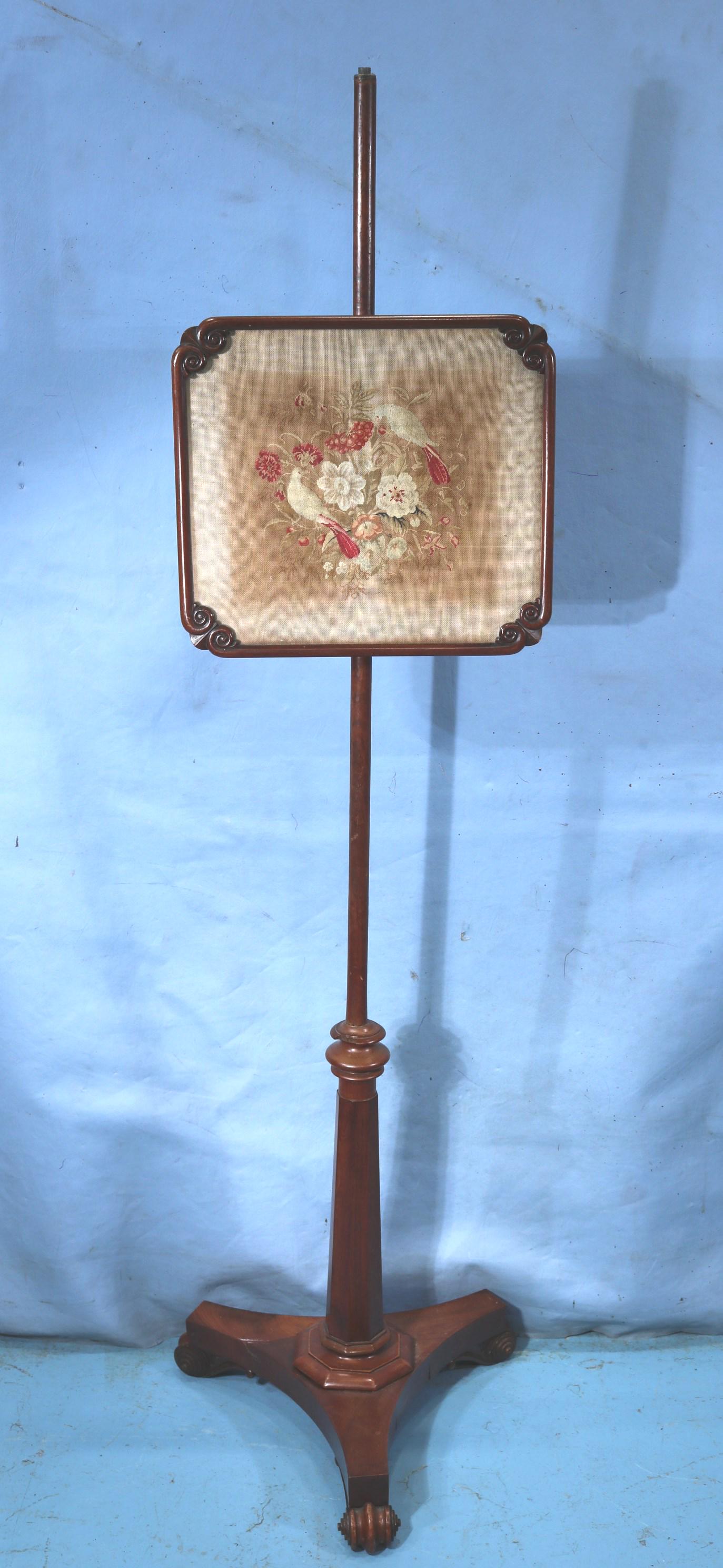 Early Mahogany needlepoint Fire screen: Early Mahogany Victorian needlepoint Fire screen, 60.5 in. T, 15 in. L, 13.5 in. W.