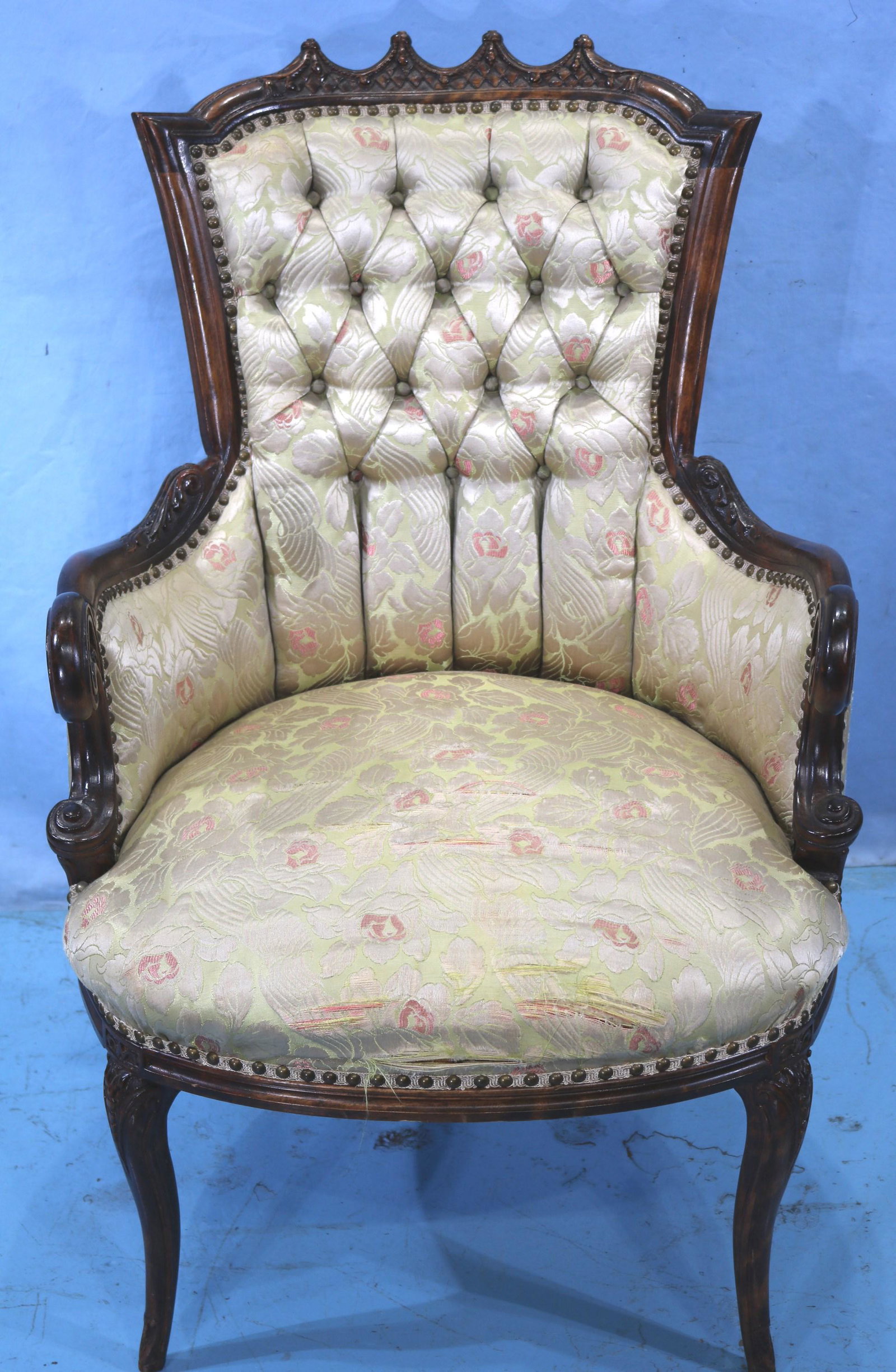 Mahogany French arm chair: Mahogany French arm chair, 41 in. T, 24 in. W, 22 in. D.