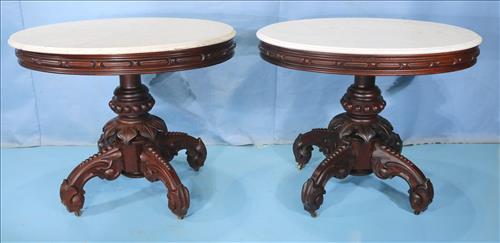 Pair of walnut Victorian Thomas Brooks tables: Pair of walnut Victorian marble top center parlor tables attrib. to Thomas Brooks, 30 in. T, 37.5 in. W, 29 in. D.