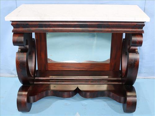 Period Empire mahogany pier table: Period Empire mahogany pier table with white marble and deep scroll ends, attrib. to Meeks, 36 in. T, 44 in. W, 22 in. D.