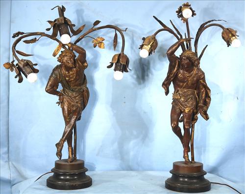Pair of Art Noveau antique figural lamps, 29 in. T.: Pair of Art Noveau antique figural lamps, 29 in. T.