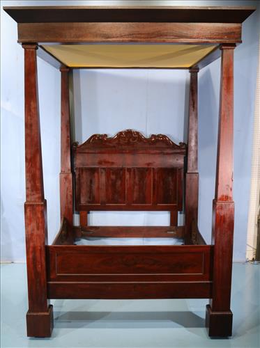 Flame Mahogany full tester plantation bed: Flame Mahogany empire full tester plantation bed, 9 in. T, 72 in. L, 64 in. W.