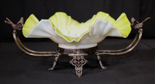 Silver-plate card receiver with fluted bowl: Silver-plate card receiver with fluted bowl, 5 in. T, 12.5 in. Dia.