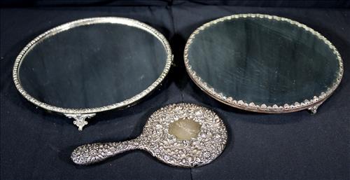 2 plateau mirrors and sterling hand mirror: 2 plateau mirrors and sterling hand mirror