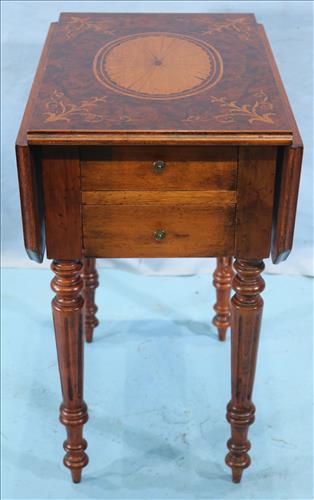 Mahogany Federal drop leaf night table: Mahogany Federal drop leaf night table with beautiful inlay top, turned legs and 2 drawers, 26 in. T, 30 in. W, 22 in. D.