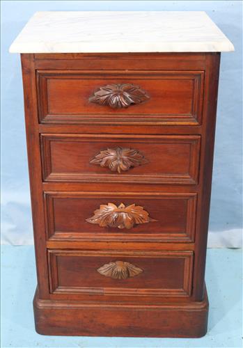 Walnut Victorian half commode with 4 drawers: Walnut Victorian half commode with 4 drawers and marble top, 30 in. T, 18.5 in. W, 15.5 in. D.