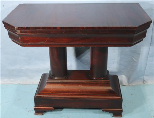 Mahogany double pedestal console table: Mahogany empire double pedestal console table, 28 in. T, 34 in. W, 20 in. D.