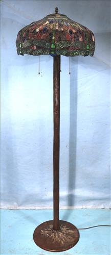 Pole lamp with leaded stain glass shade: Pole lamp with leaded stain glass dragon fly shade, 61 in. T, 18 in. Dia.