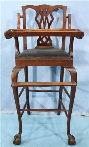 Chippendale baby high chair, ball and claw feet: Chippendale baby high chair with ball and claw feet, 39 in. T, 19.5 in. W, 16 in. D.