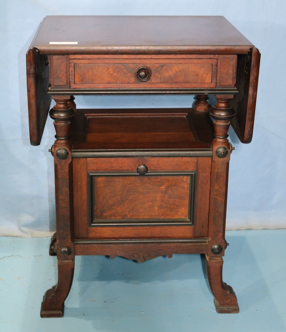Walnut Victorian drop leaf night stand: Walnut Victorian drop leaf night stand with burl panel, 29.5 in. T, 22.5 in. W, 18 in. D.