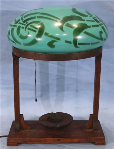 Very unusual oak arts and crafts lamp: Very unusual oak arts and crafts lamp with green panted glass shade, possibly Stickley, 15 in. W, 20 in. T, 14 in. D.