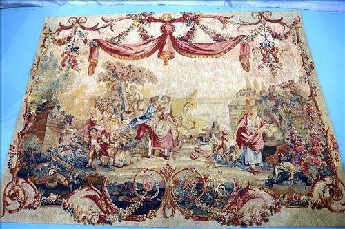 Red and gold French tapestry in colonial design: Red and gold French tapestry with colonial design, 4 ft. 8 in. x 6 ft. 2 in.