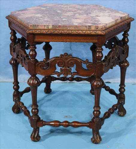 Mahogany octagon 6 leg table with marble (1 of 3)