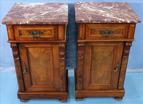Pair of French night stands with marble top: Pair of French night stands with brown marble top, 32 in. T, 17.5 in. W, 16.5 in. D.