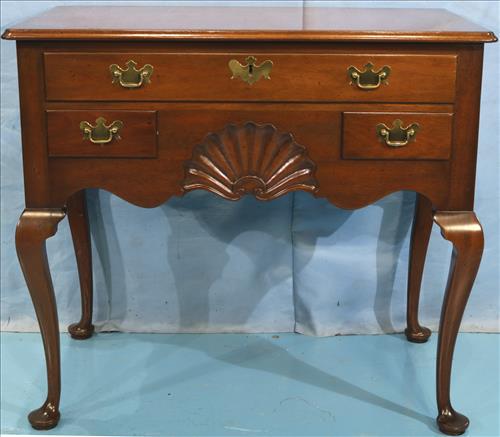 Mahogany contemporary low boy: Mahogany contemporary low boy with Queen Ann legs, by Kittinger, 31 in. T, 34 in. W, 20 in. D.