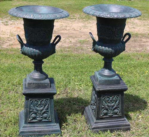 Pair of antique green 2 piece urns with handles (1 of 3)