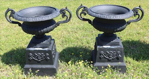 Pair of small 2 pc. black cast iron garden urns (1 of 2)