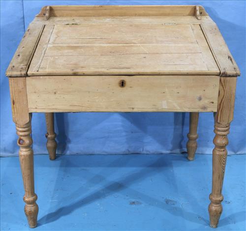 Pine mercantile desk with lift top: Pine mercantile desk with lift top and turn legs, 35 in. T, 36 in. W, 30 in. D.