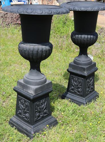 Pair of 2 piece black cast iron garden urns (1 of 3)