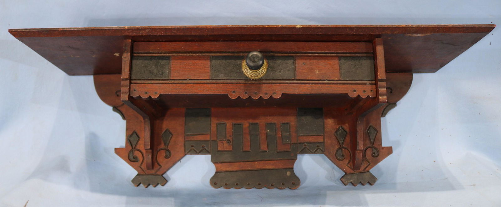 Walnut Eastlake clock shelf with drawer, 24 in. W. (1 of 3)