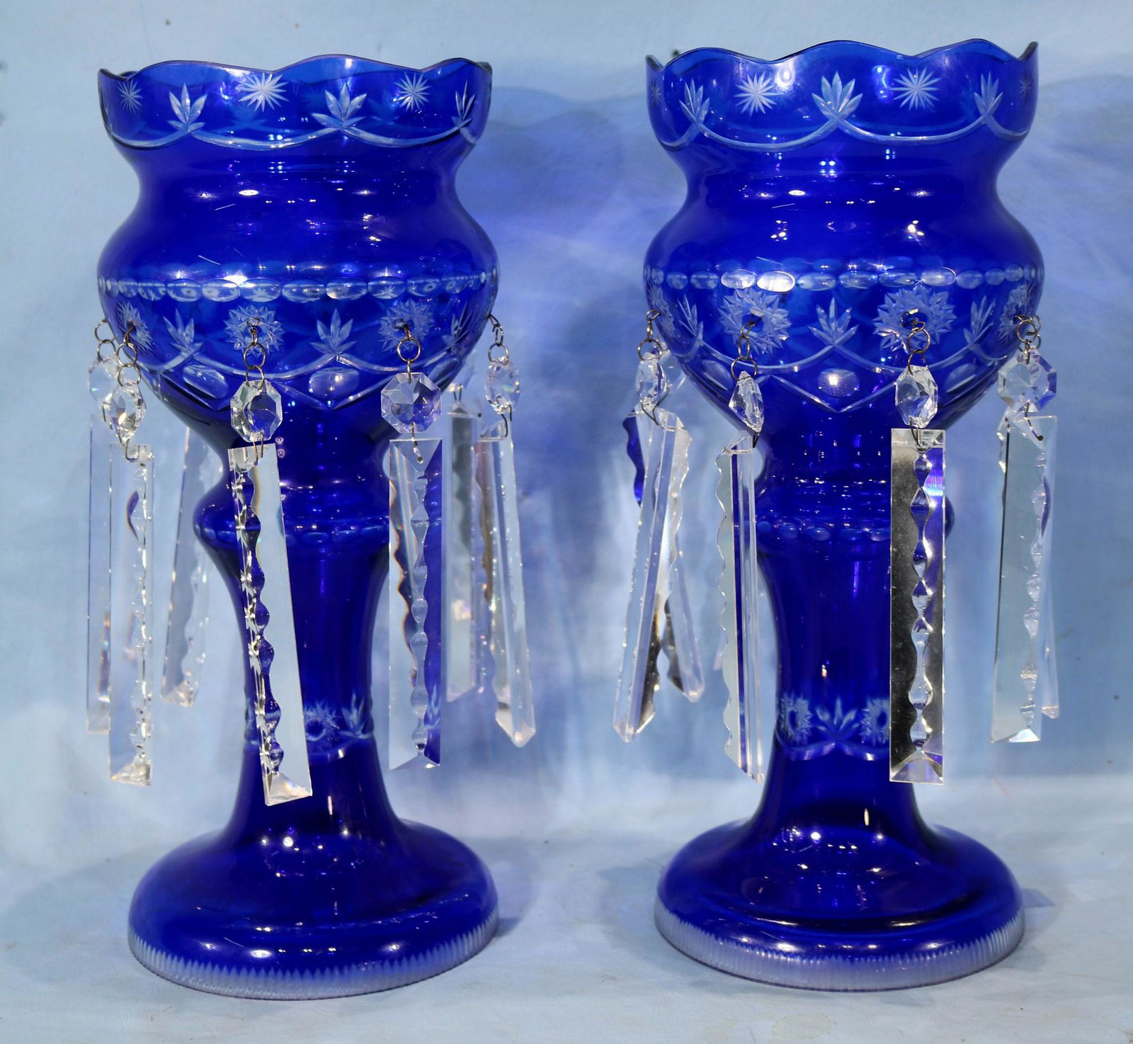 Pair of contemporary blue cut to clear lusters: Pair of contemporary blue cut to clear mantle lusters, 14 in. T, 6 in. Dia.