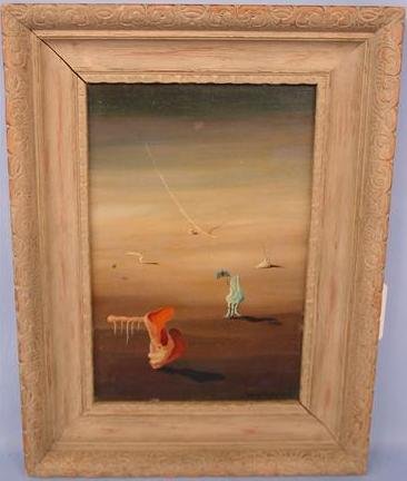 003: American 20th Century Surrealist Scene: 20th Century surrealist scene by an unknown American artist, oil on masonite painting . Bears the signature Yves Tanguy 50; (after Yves Tanguy, (French/American 1900-1955). Painting measures approx.-8