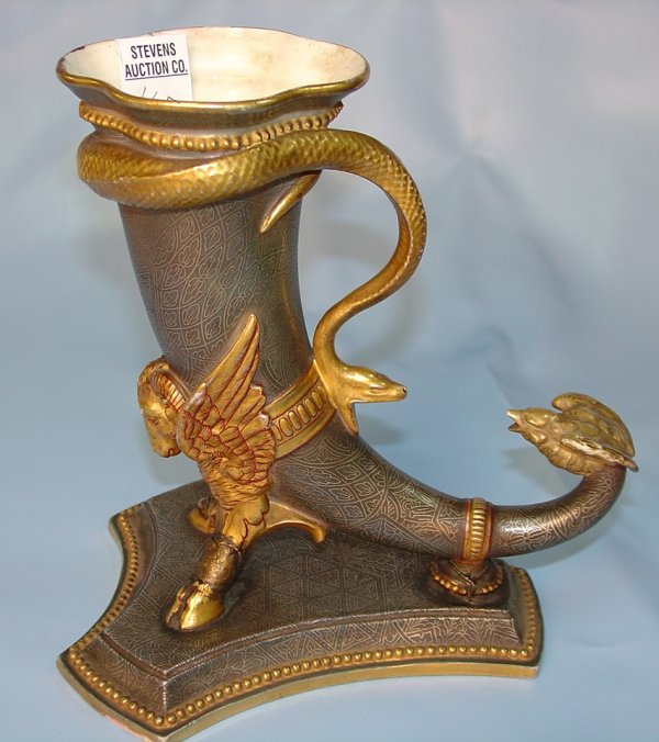 Porcelain Horn Vase w/ Hoof Feet & Serpant Handle : Porcelain Flower Horn Vase with Hoofed Ram feet and Serpent Handle 7 1/2 in. T. X 7 in.