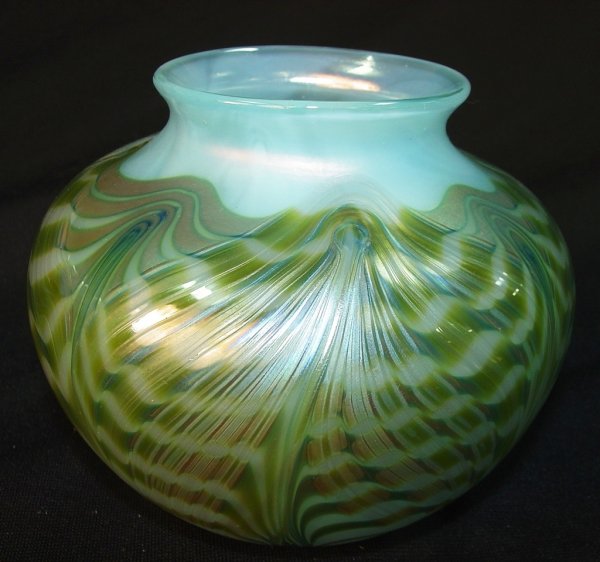 Signed "Loetz Austria" Art Glass Vase : Signed "Loetz Austria" Art Glass Vase Iridescent with Green and Blue Feather Design 4 3/8 in. T. X 5 in. Dia.