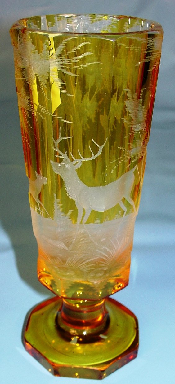 Footed Amber Bavarian, Cut Crystal Vase: Amber Footed Bavarian Cut Crystal Art Glass Vase with Deer in Forest Design 8 in. T. X2 3/4 in. Dia.