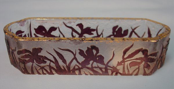 Crystal "Daum Nancy" Cameo Glass Dish: Daum Nancy, France, Crystal Cameo Glass Dish with Amethyst Floral Design 1 1/2 in. T. X 6 in. L.