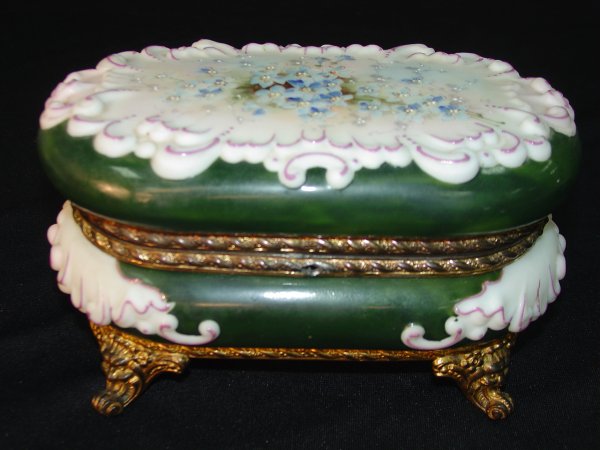 Victorian Wave Crest White and Jade Jewelry Box: Victorian "Signed Wave Creast" White and Jade Jewelry Box with Bronze Mounts and Enameled Flowers Painted on Top 8.5 in. X 5 in. X 5 in. T.