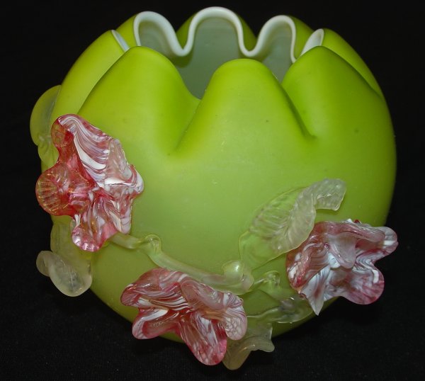 Yellow Satin Rose Bowl with Applied Decoration: Yellow Satin Rose Bowl with Applied Pink Floral Decoration Attributed to Stevens and Williams 5 in. T. X 6 in. Dia.
