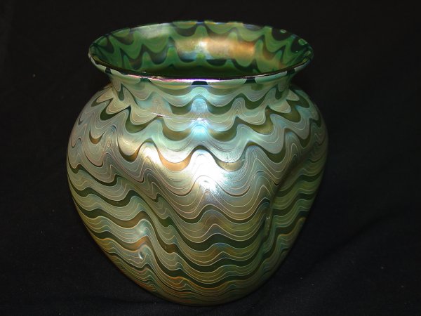 Loetz "Phänomen" Iridescent Art Glass Vase : Loetz "Phänomen" Iridescent Art Glass Vase with Waves Design 8 in. T. X 7.50 in. Dia.
