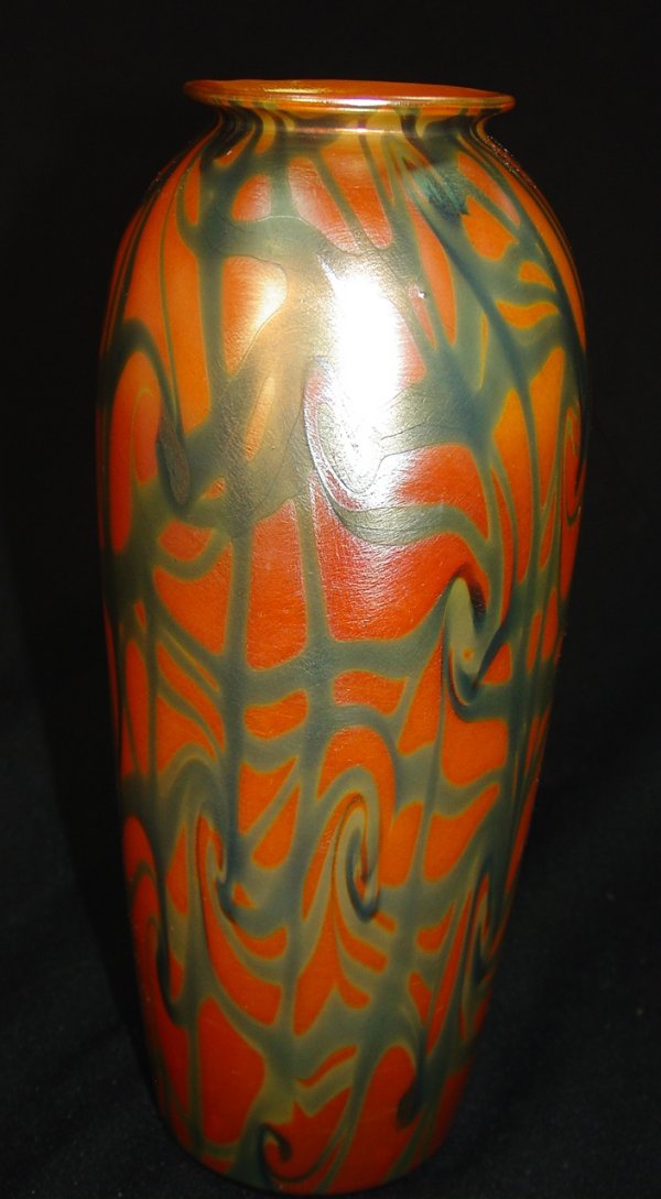 Durand King Tut Design Iridescent Art Glass Vase: Durand King Tut Design Iridescent Green and Tangerine Art Glass Vase 10 inches T. X 4 inches Dia.