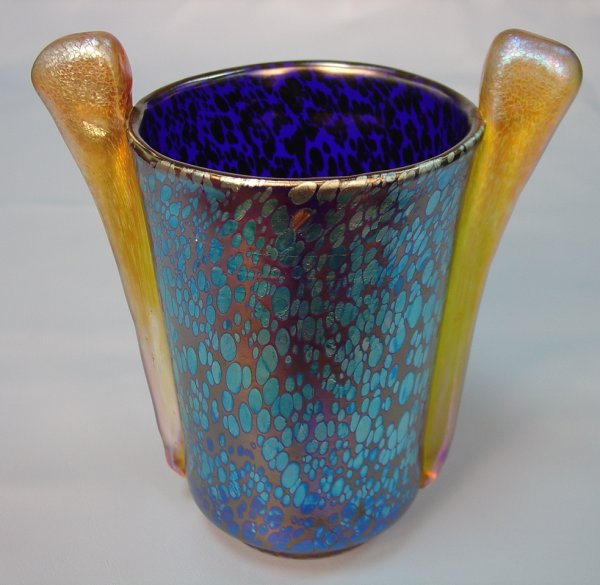 Loetz Papillon Iridescent Dots on Cobalt Blue Vase: Loetz Papillon, Iridescent Dots on Cobalt Blue Vase with Applied Gold Iridescent Handles 6 3/4 inches T. X 6 inches