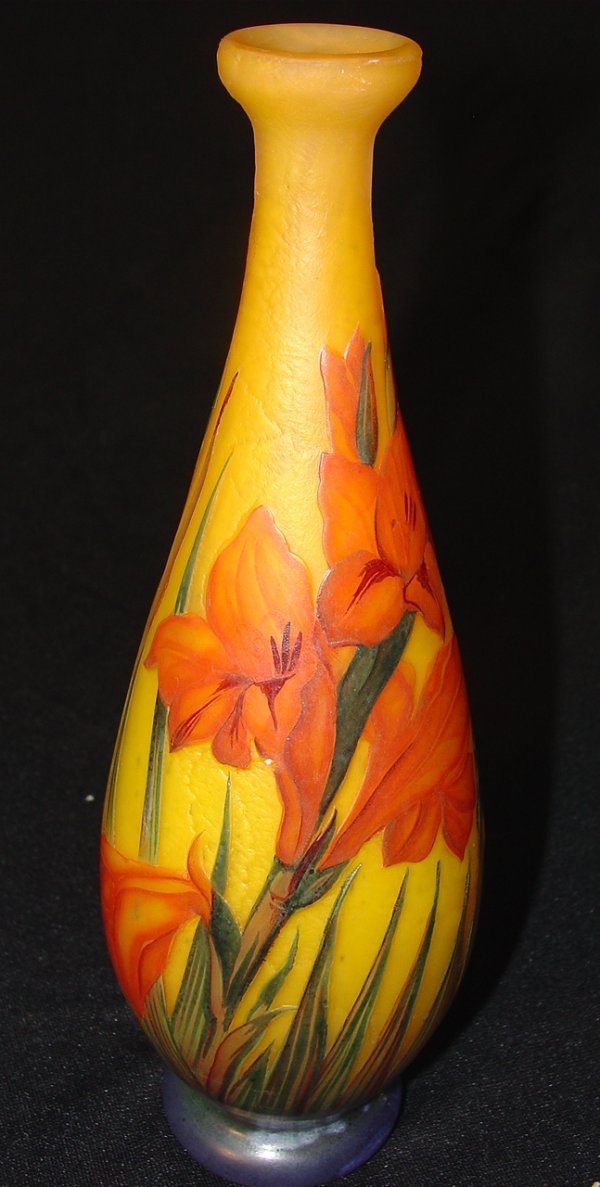 "A DeLatte Nancy" French Yellow Cameo Glass Vase: Beautiful Andre DeLatte Nancy Signed "A DeLatte Nancy" French Yellow Cameo Glass Vase with Iris and Leaf Decoration 10 1/2 inches T. X 3 1/4 inches Dia.