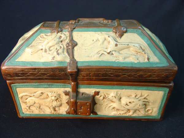 Painted Blue/White Terracotta Treasure Chest: Circa 1890 Blue and White Paint Decorated Terracotta Pottery Treasure Chest Decorated with Various Animals 5 1/2 inches T. X 9 inches W. X 5 1/2 inches D.