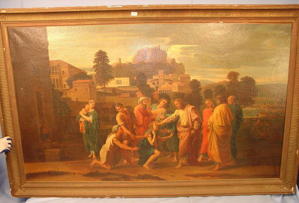 Attr. to E. Armand "Christ Healing The Blind": Possibly Ernest Emile Armand-Delille (French 1843-1883). Copy of the Louvre`s "Christ Healing The Blind Man" Nicolas Poussin (1594-1665) Oil on Canvas, signed lower. 46"in. X 78"inches. In 19th centur