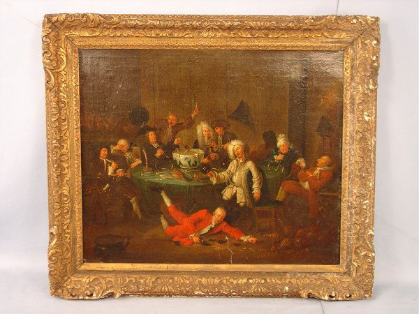 Artist Unknown (19th Century) After William Hogarth: Artist Unknown (19th Century) After William Hogarth ( British 1697-1764)"Midnight Modern Conversation"oil on canvas; indistinct signature appears on the bill laying upon the table. Verso: color mark;