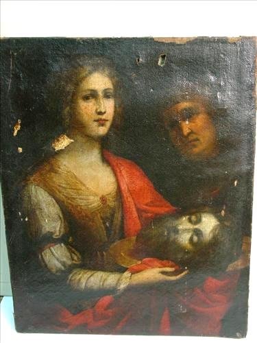 Artist Unknown(17th C. Italian) "Judith & Holoferns": Artist Unknown(17th Century Italian) "Judith & Holoferns". Possibly monogram on right of basin. In the manner of Cristofano Allori (1577-1621). 27.5 inches X 33.5 inches