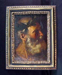 Unknown Artist (17th C. Italian School) " Socrates": Unknown Artist (17th Century Italian School) " Socrates" Unsigned ,Oil on Canvas, Framed,Image 14.5 X 19.5 in. Label Verso: United Frame Shop, New Orleans. Framed in Del Sarto style frame.