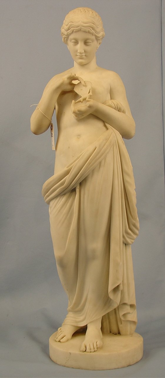 19th Century "Psyche w/ Butterfly" Marble Statue: 19th Century Marble Statue of Psyche with Butter Fly, 37in. T X 10.5in. Oval Base.